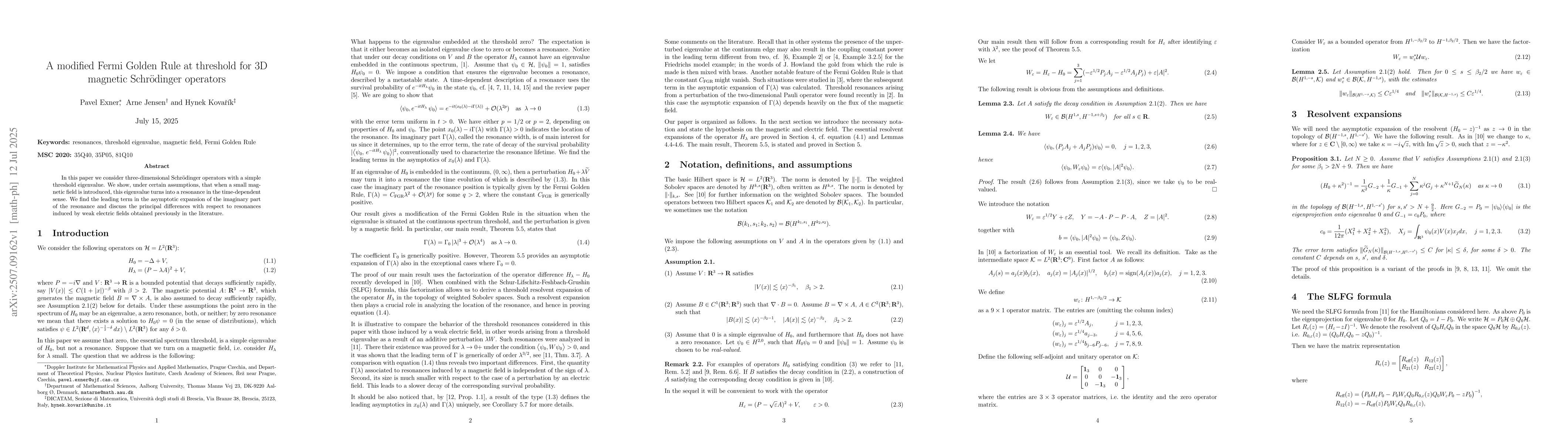 Thumbnail for A modified Fermi Golden Rule at threshold for 3D magnetic Schrödinger
  operators