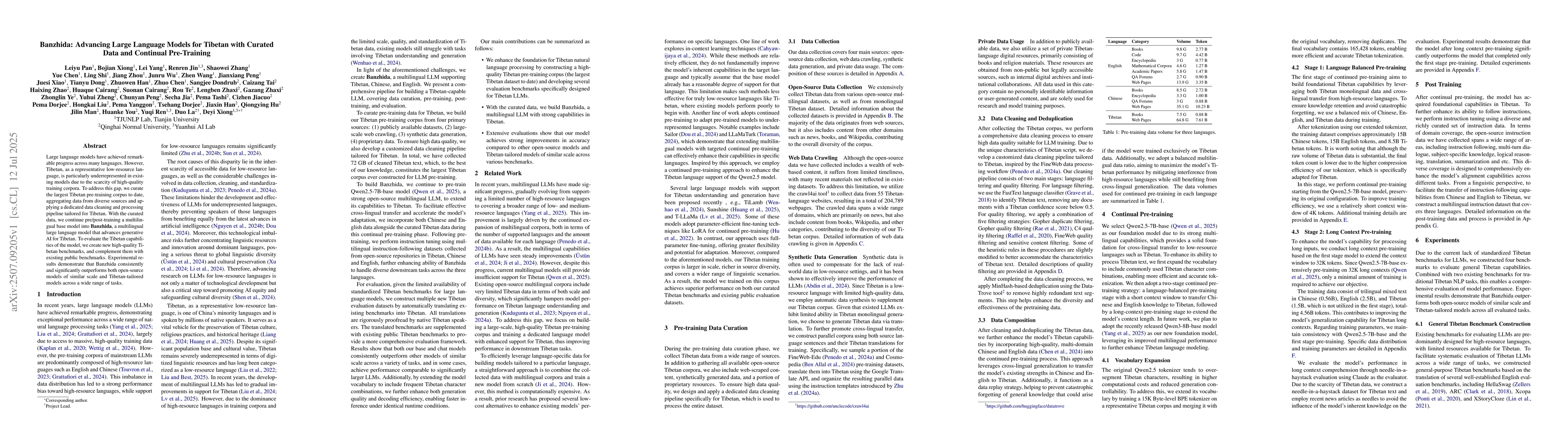 Thumbnail for Banzhida: Advancing Large Language Models for Tibetan with Curated Data
  and Continual Pre-Training
