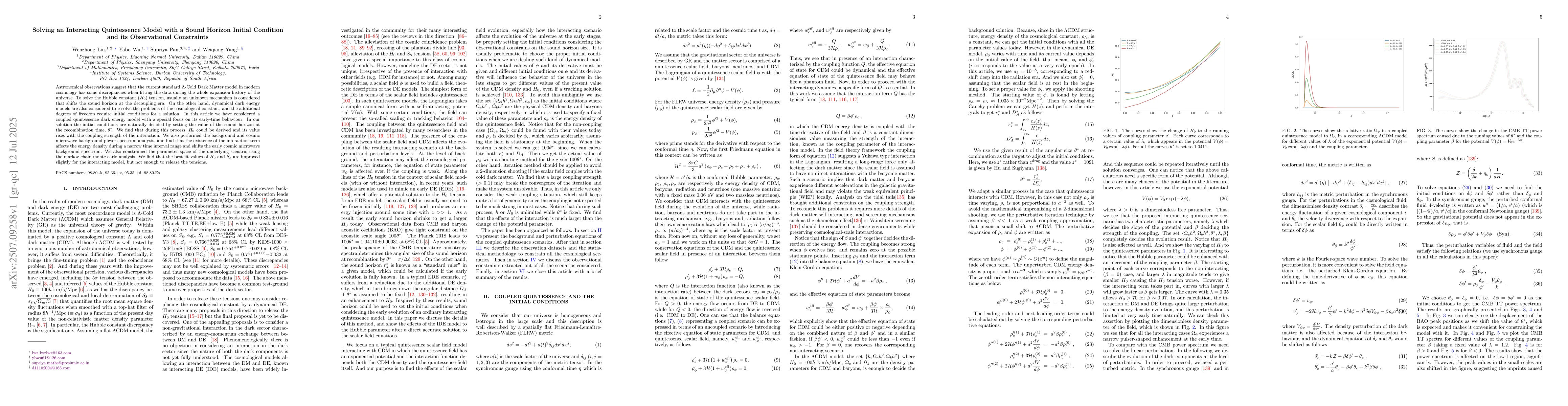 Thumbnail for Solving an Interacting Quintessence Model with a Sound Horizon Initial
  Condition and its Observational Constraints