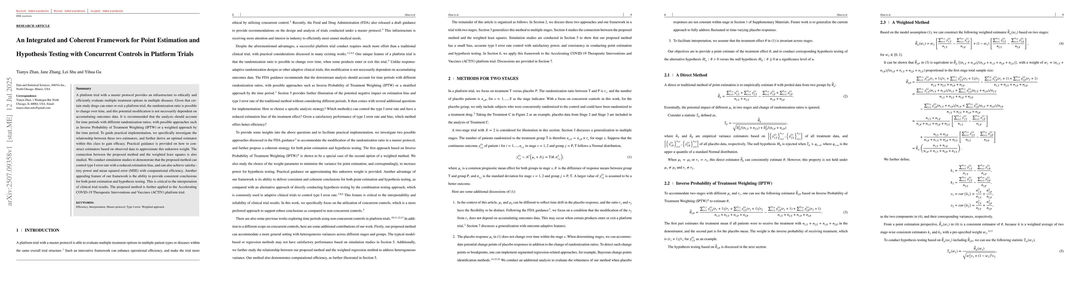 Thumbnail for An Integrated and Coherent Framework for Point Estimation and Hypothesis
  Testing with Concurrent Controls in Platform Trials