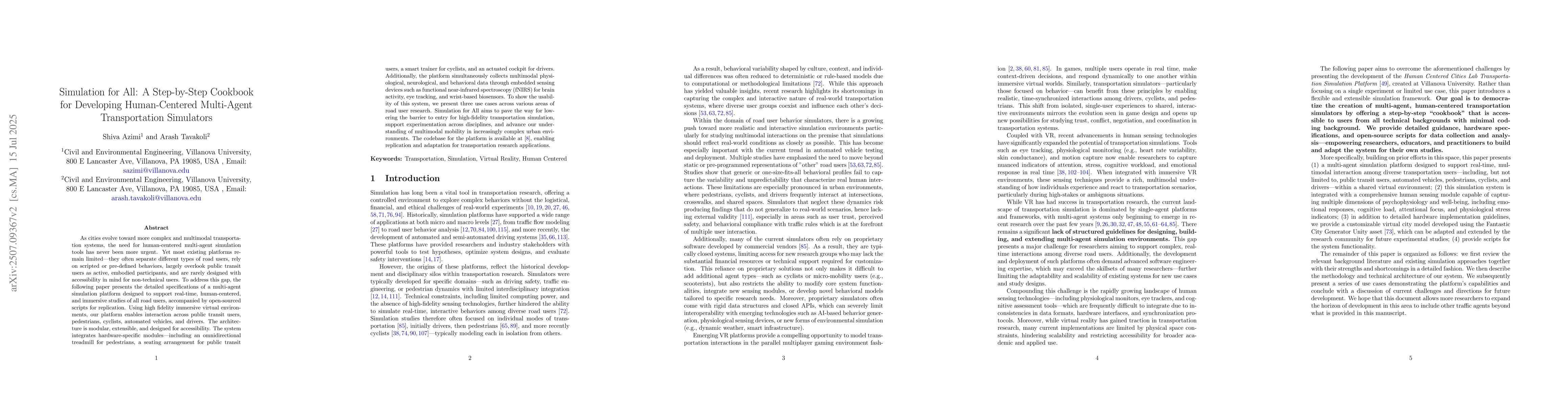 Thumbnail for Simulation for All: A Step-by-Step Cookbook for Developing
  Human-Centered Multi-Agent Transportation Simulators