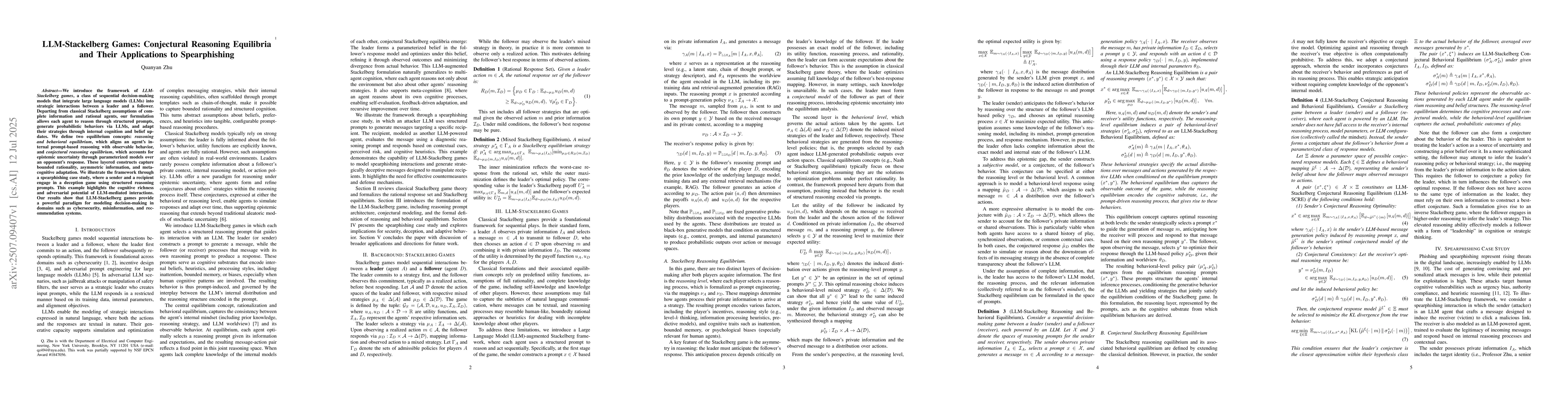 Thumbnail for LLM-Stackelberg Games: Conjectural Reasoning Equilibria and Their
  Applications to Spearphishing