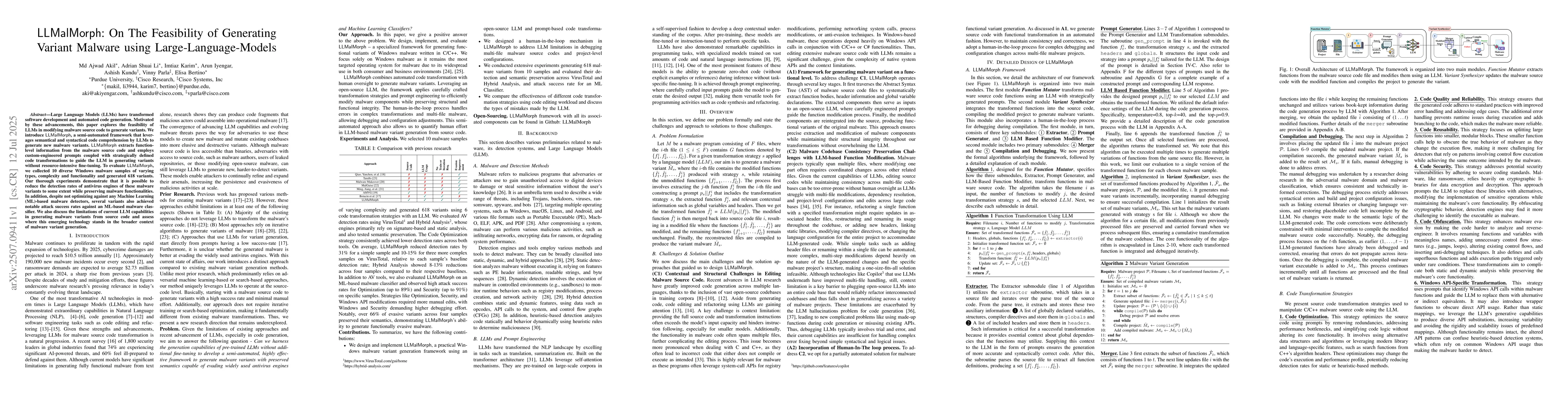 Thumbnail for LLMalMorph: On The Feasibility of Generating Variant Malware using
  Large-Language-Models