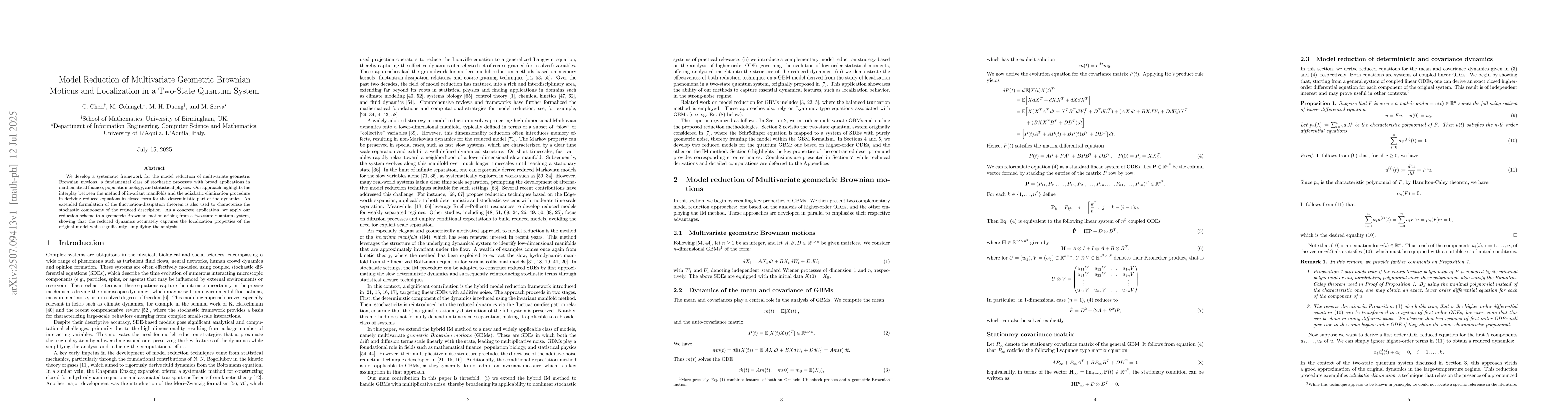 Thumbnail for Model Reduction of Multivariate Geometric Brownian Motions and
  Localization in a Two-State Quantum System