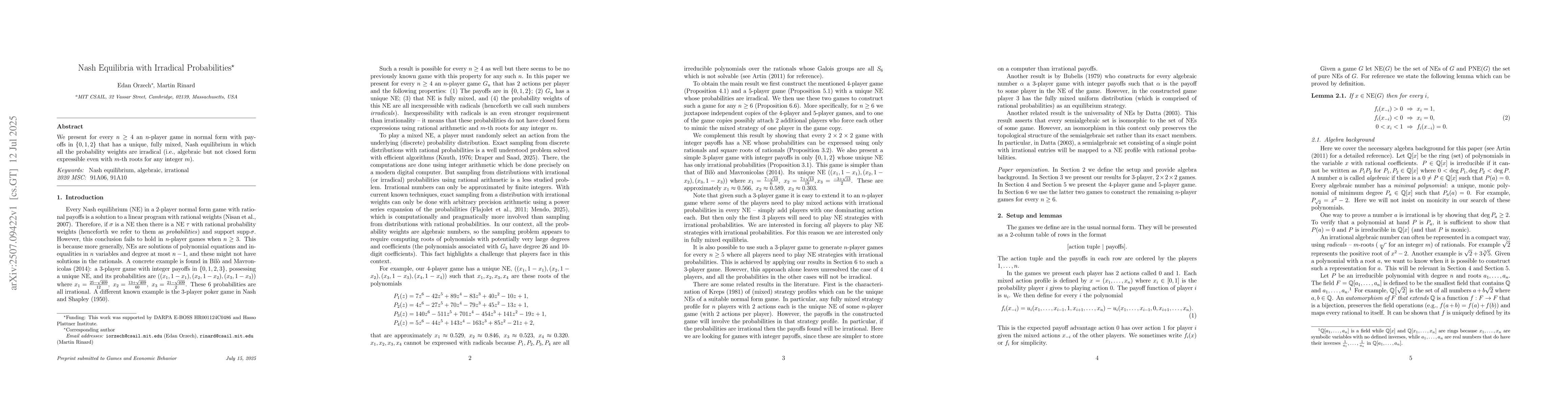 Thumbnail for Nash Equilibria with Irradical Probabilities