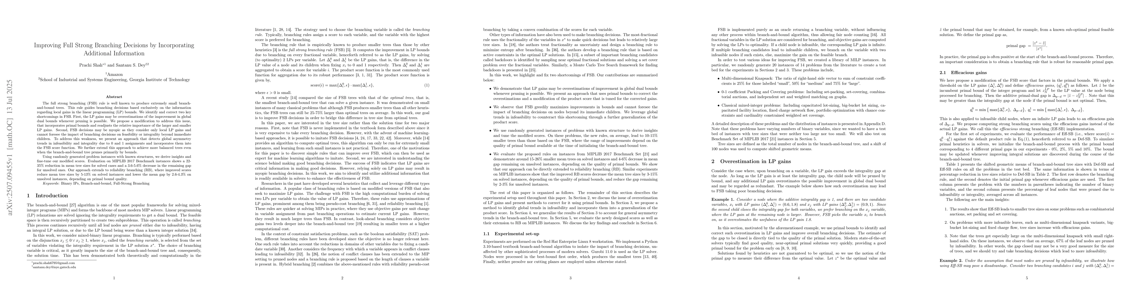 Thumbnail for Improving Full Strong Branching Decisions by Incorporating Additional
  Information