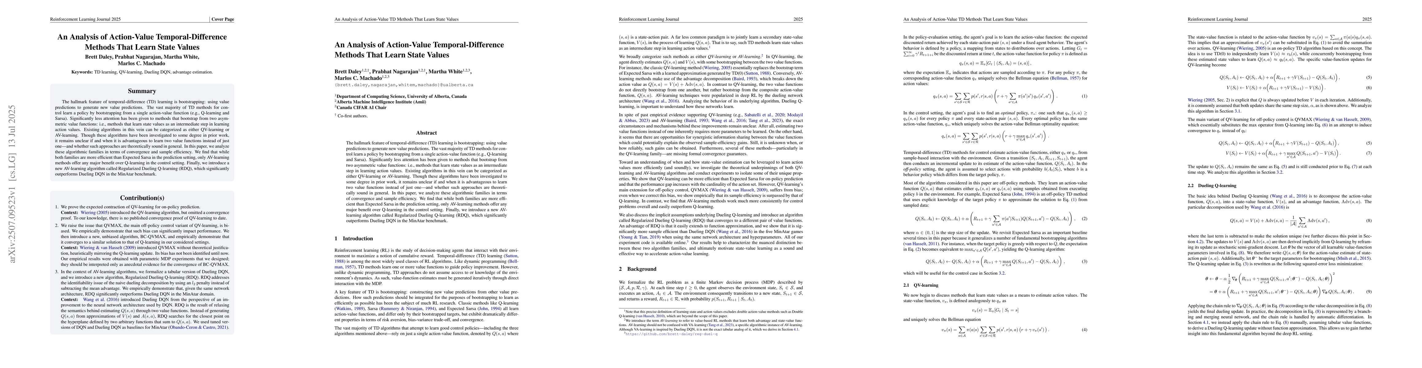 Thumbnail for An Analysis of Action-Value Temporal-Difference Methods That Learn State
  Values