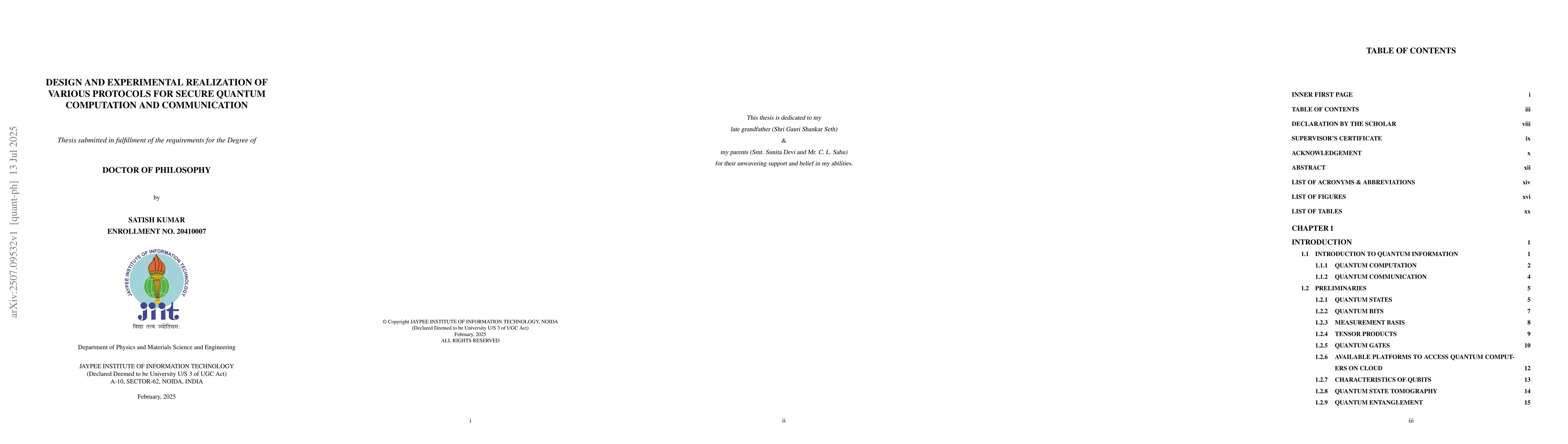 Thumbnail for Design and Experimental Realization of Various Protocols for Secure
  Quantum Computation and Communication