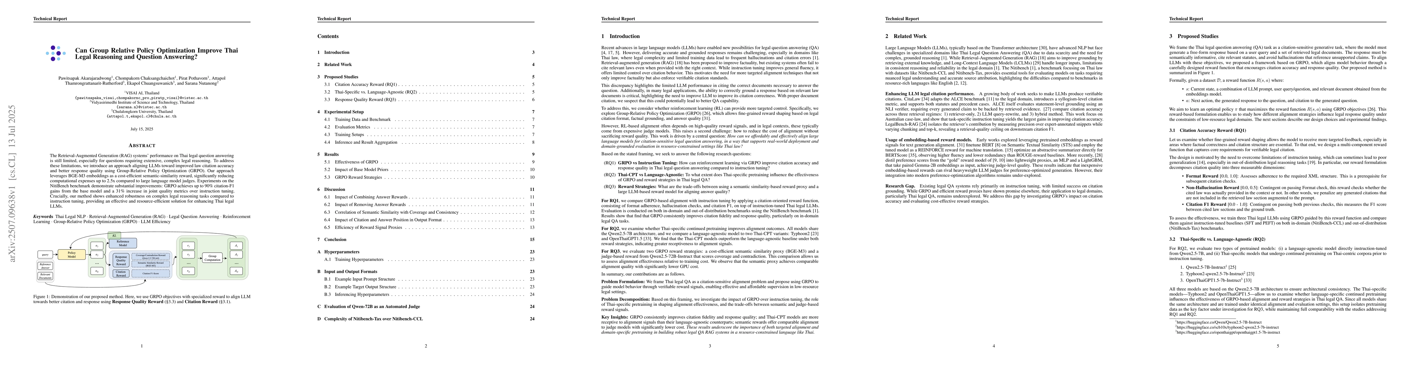 Thumbnail for Can Group Relative Policy Optimization Improve Thai Legal Reasoning and
  Question Answering?
