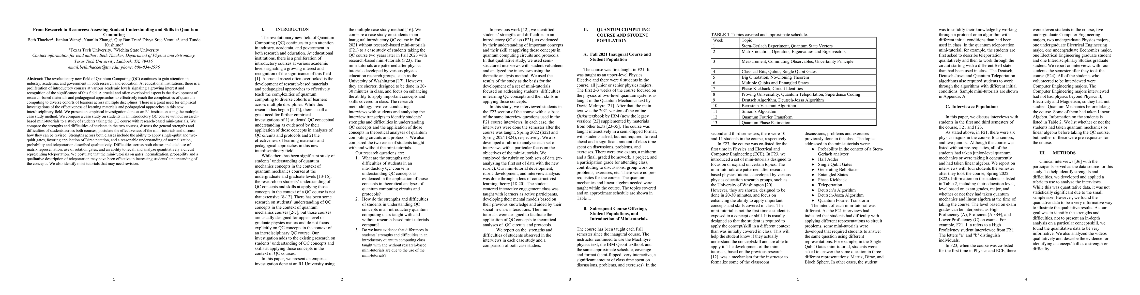 Thumbnail for From Research to Resources: Assessing Student Understanding and Skills
  in Quantum Computing