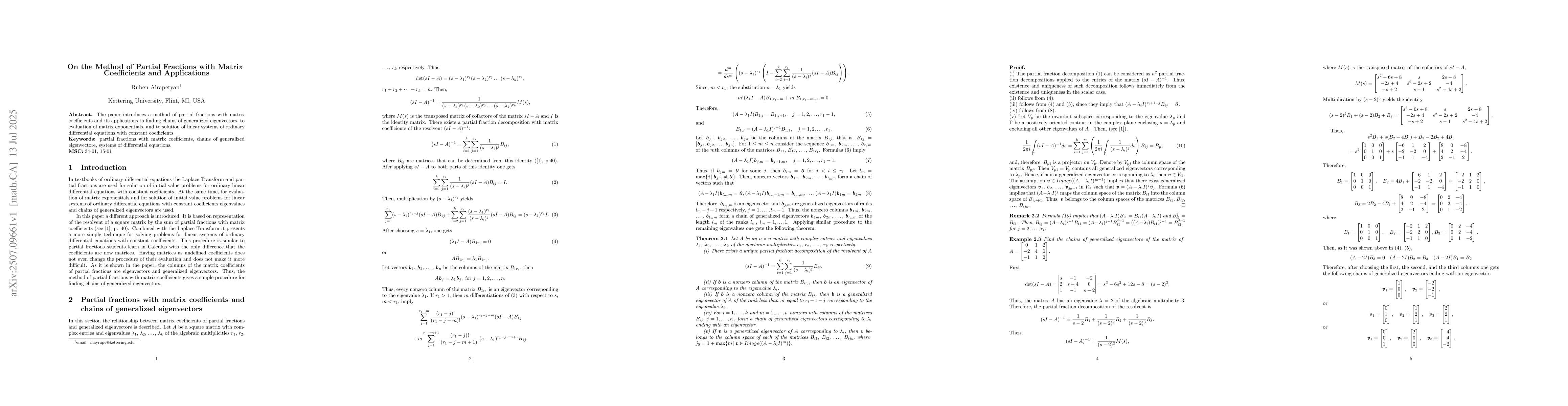 Thumbnail for On the Method of Partial Fractions with Matrix Coefficients and
  Applications
