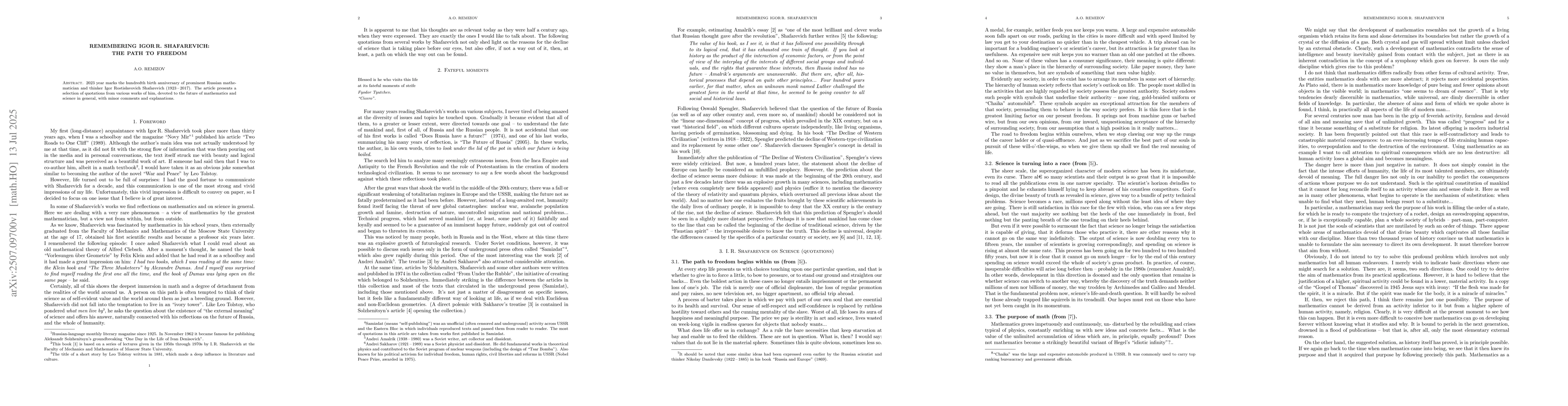 Thumbnail for Remembering Igor R. Shafarevich: The Path to Freedom