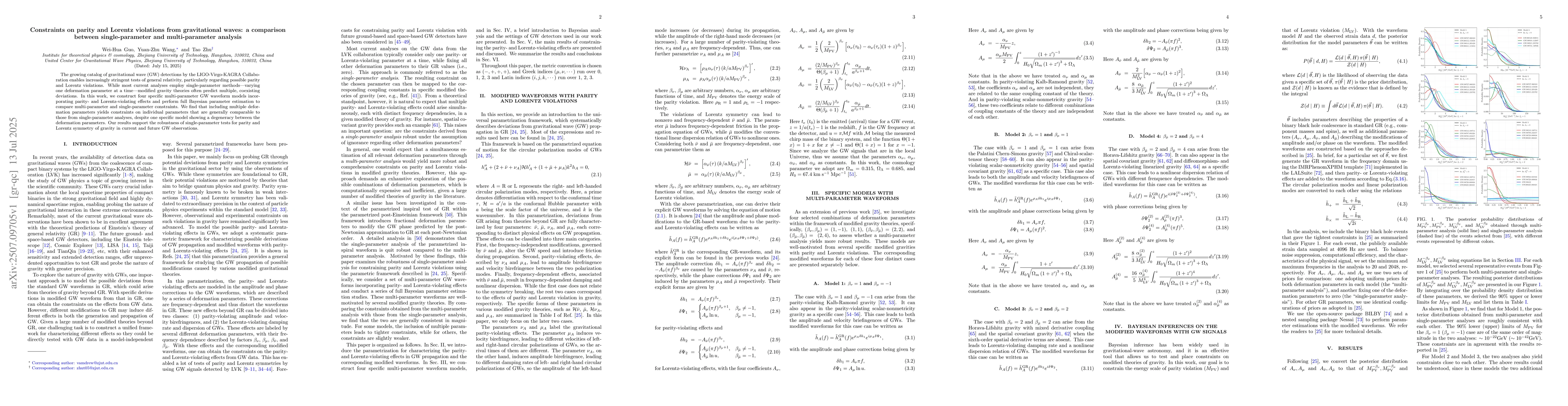 Thumbnail for Constraints on parity and Lorentz violations from gravitational waves: a
  comparison between single-parameter and multi-parameter analysis