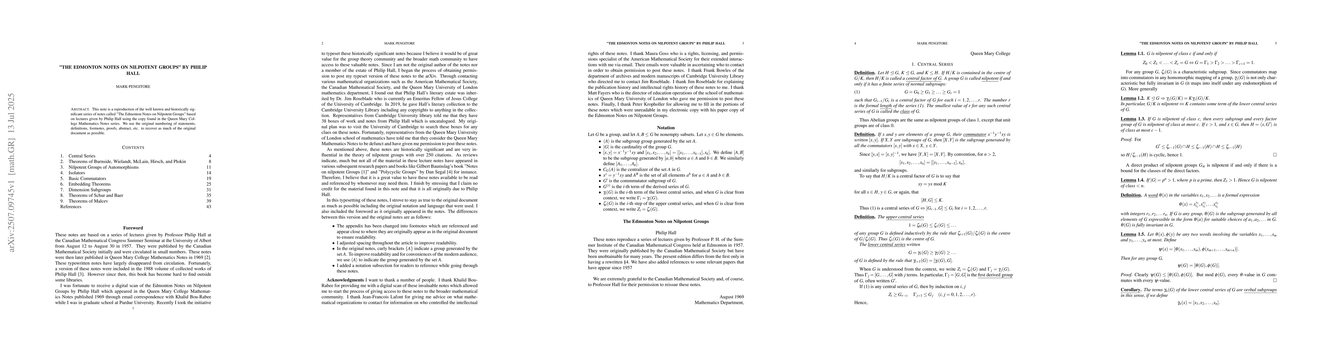 Thumbnail for "The Edmonton Notes on Nilpotent Groups" by Philip Hall