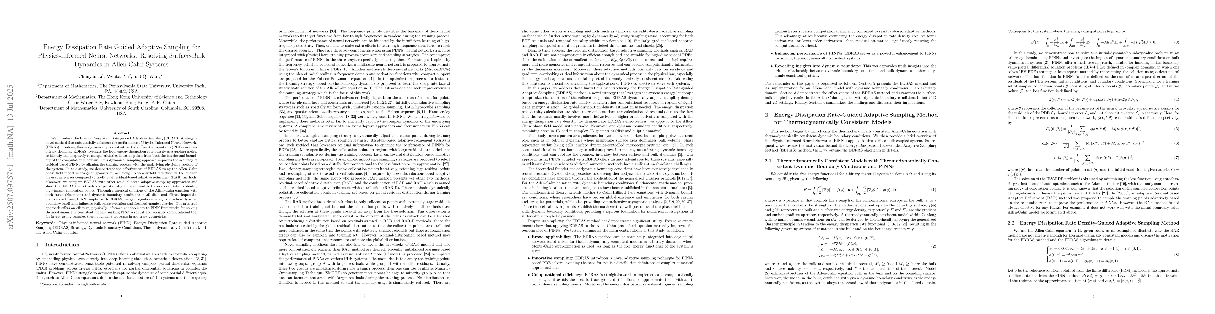 Thumbnail for Energy Dissipation Rate Guided Adaptive Sampling for Physics-Informed
  Neural Networks: Resolving Surface-Bulk Dynamics in Allen-Cahn Systems