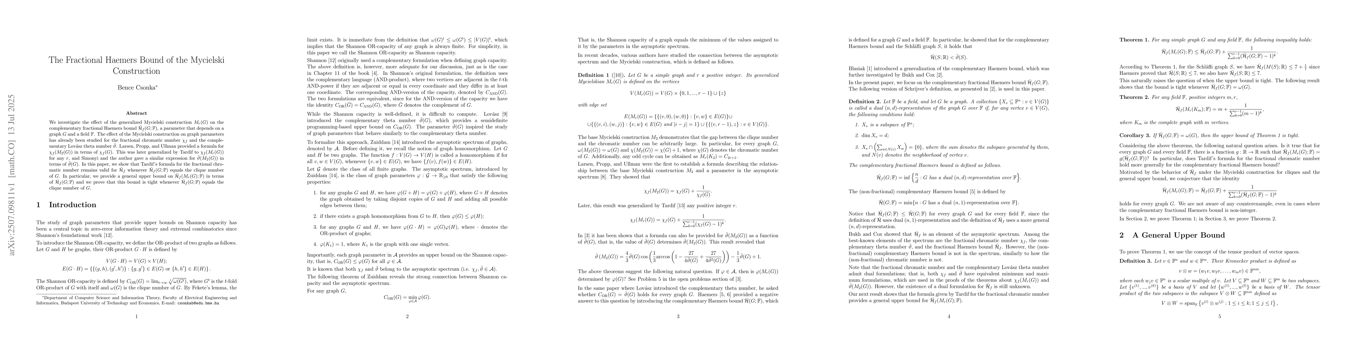 Thumbnail for The Fractional Haemers Bound of The Mycielski Construction