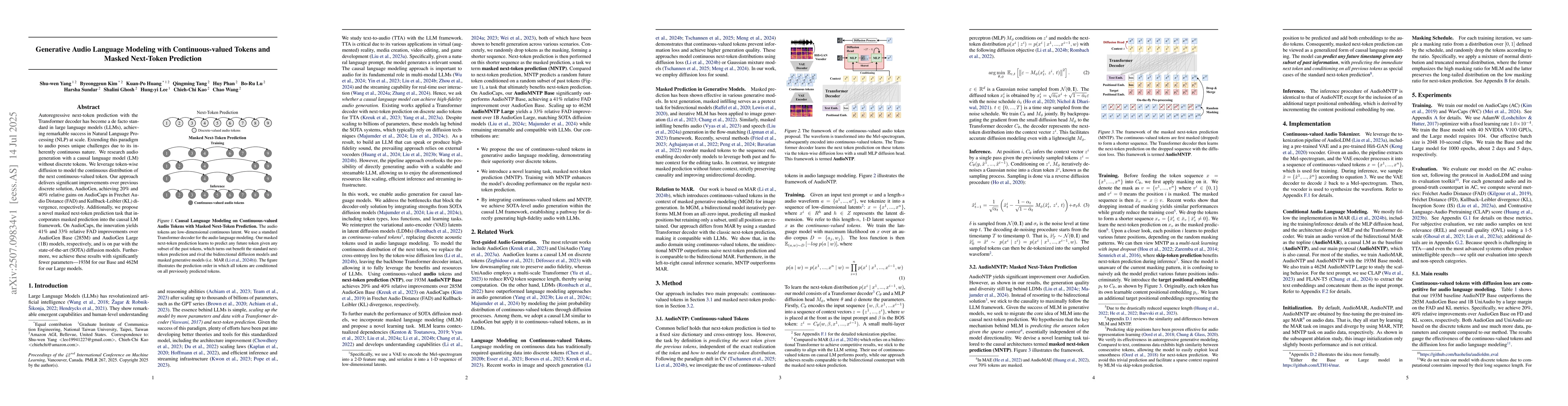 Thumbnail for Generative Audio Language Modeling with Continuous-valued Tokens and
  Masked Next-Token Prediction