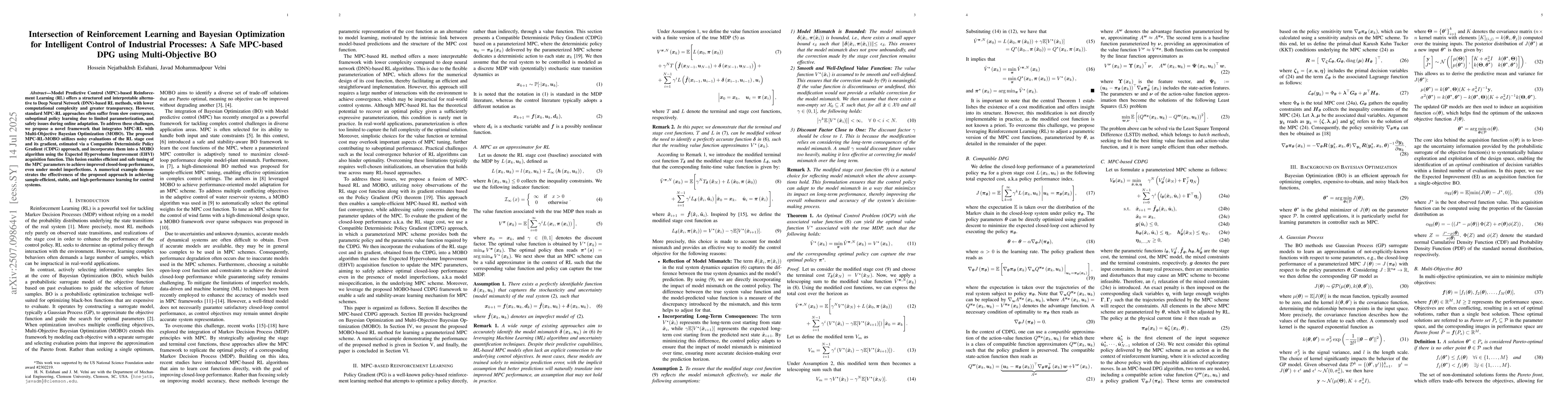 Thumbnail for Intersection of Reinforcement Learning and Bayesian Optimization for
  Intelligent Control of Industrial Processes: A Safe MPC-based DPG using
  Multi-Objective BO