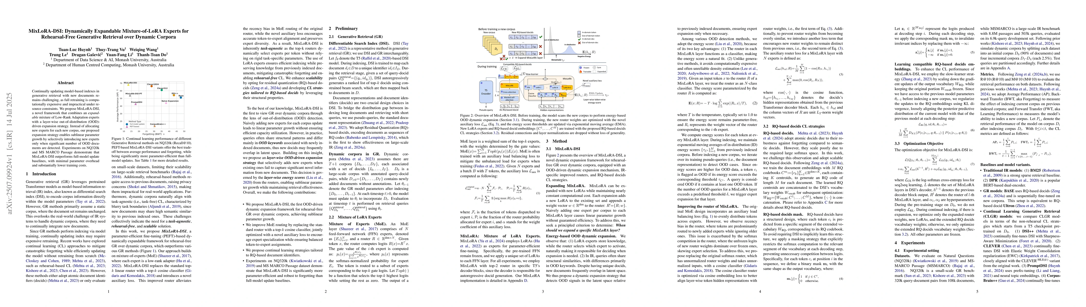 Thumbnail for MixLoRA-DSI: Dynamically Expandable Mixture-of-LoRA Experts for
  Rehearsal-Free Generative Retrieval over Dynamic Corpora