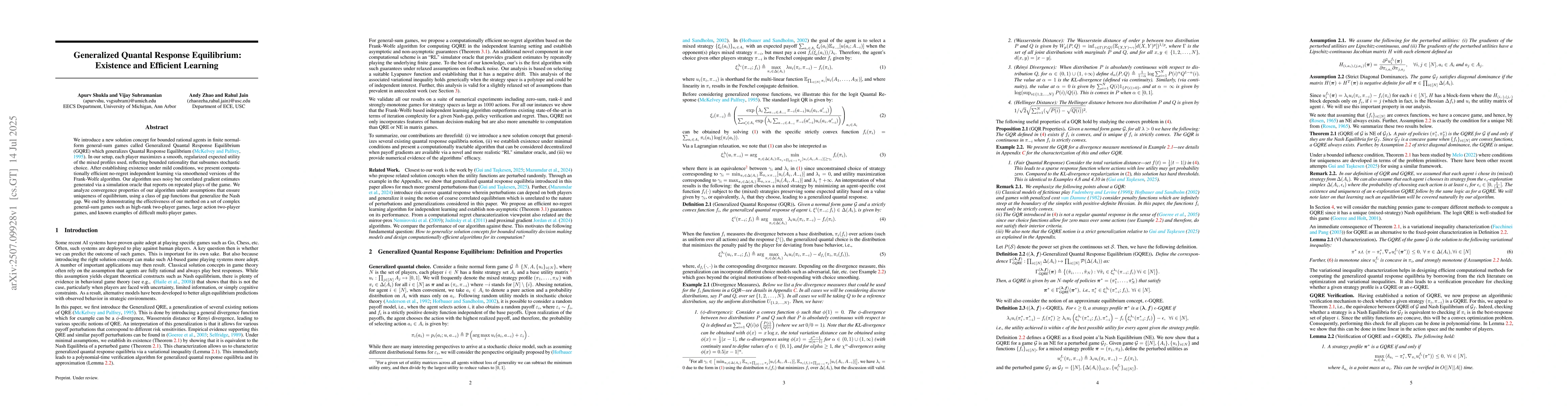 Thumbnail for Generalized Quantal Response Equilibrium: Existence and Efficient
  Learning