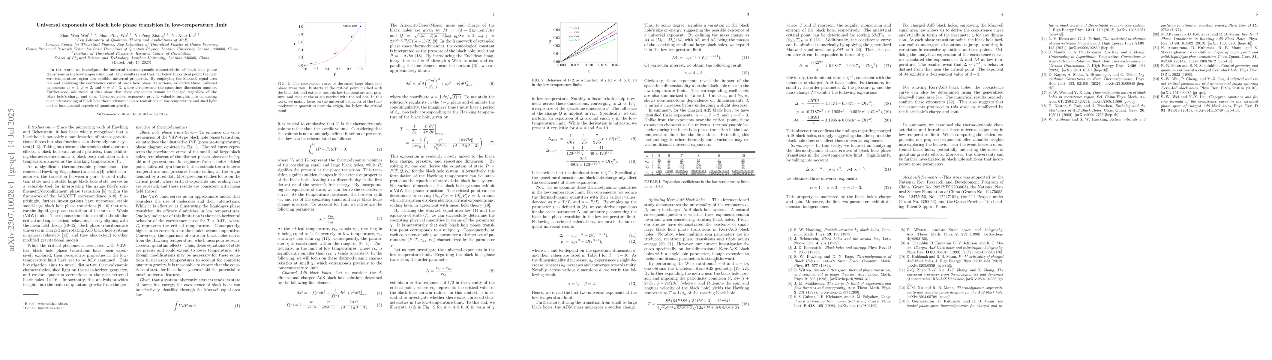 Thumbnail for Universal exponents of black hole phase transition in low-temperature
  limit