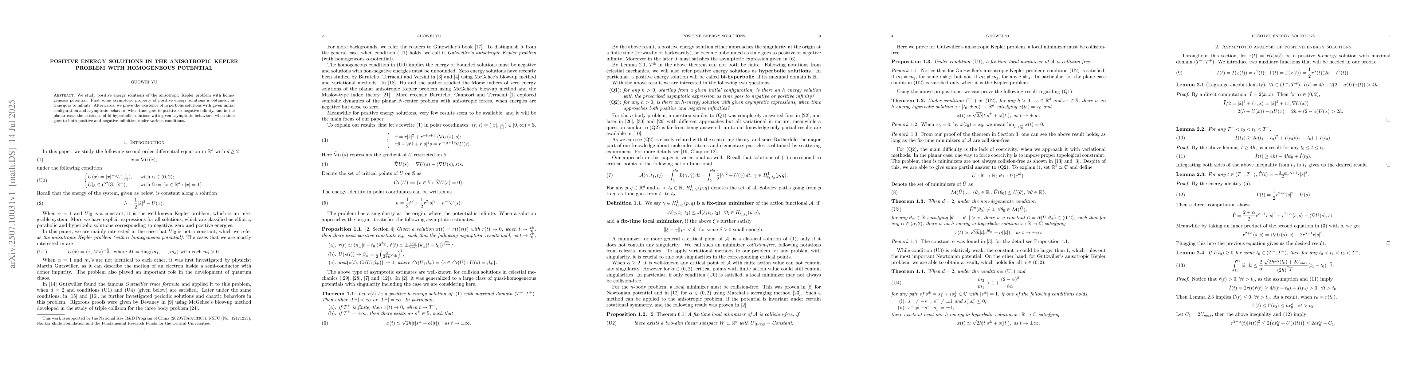 Thumbnail for Positive energy solutions in the anisotropic Kepler problem with
  homogeneous potential