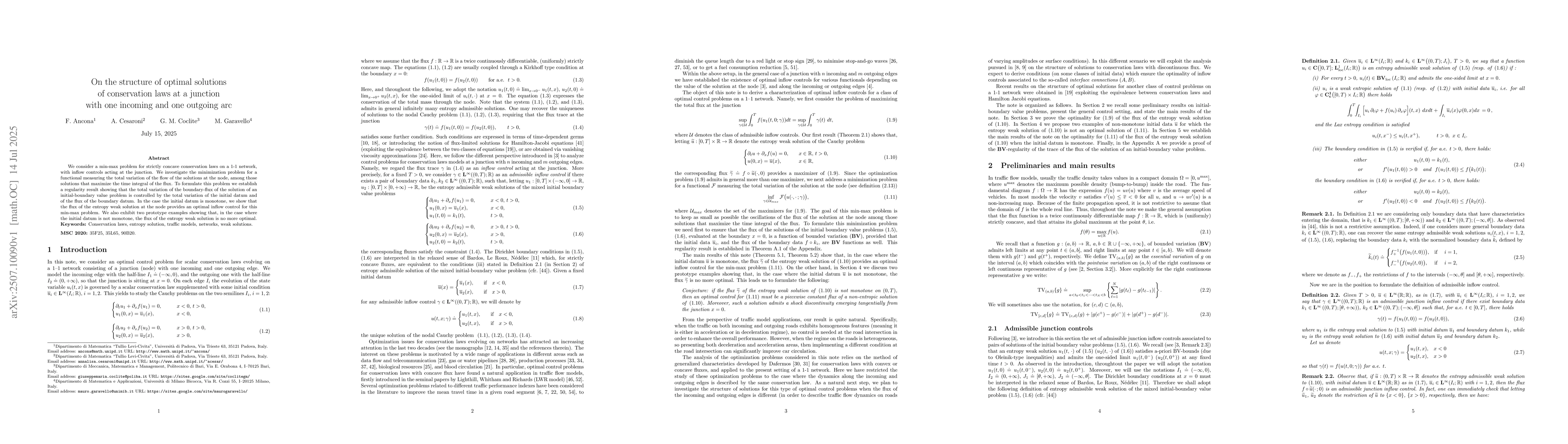 Thumbnail for On the structure of optimal solutions of conservation laws at a junction
  with one incoming and one outgoing arc
