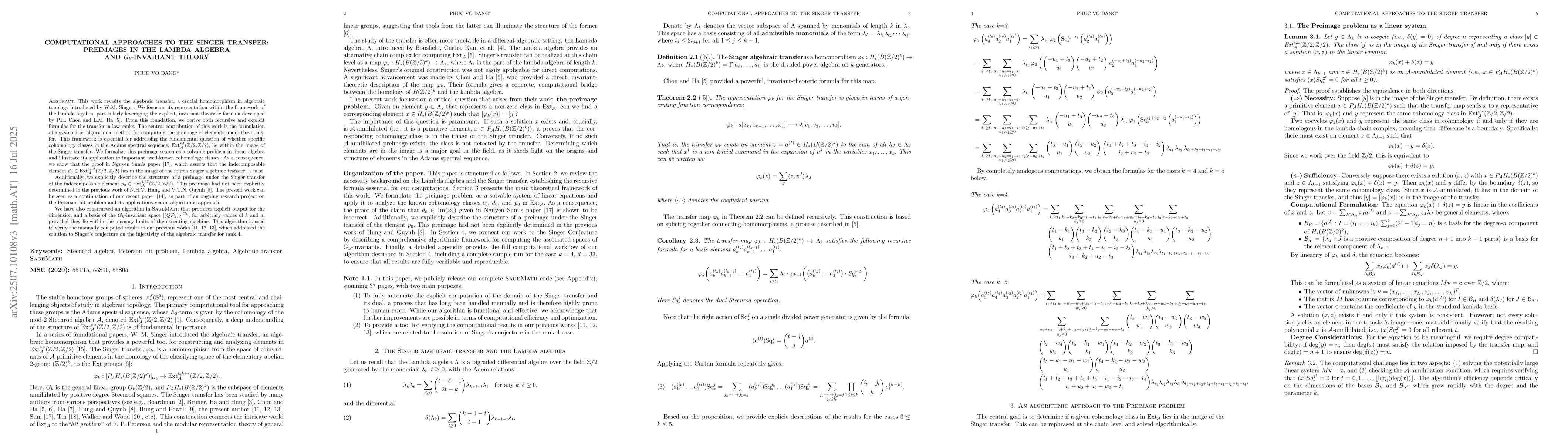 Thumbnail for Computational Approaches to the Singer Transfer: Preimages in the Lambda
  Algebra and $G_k$-Invariant Theory