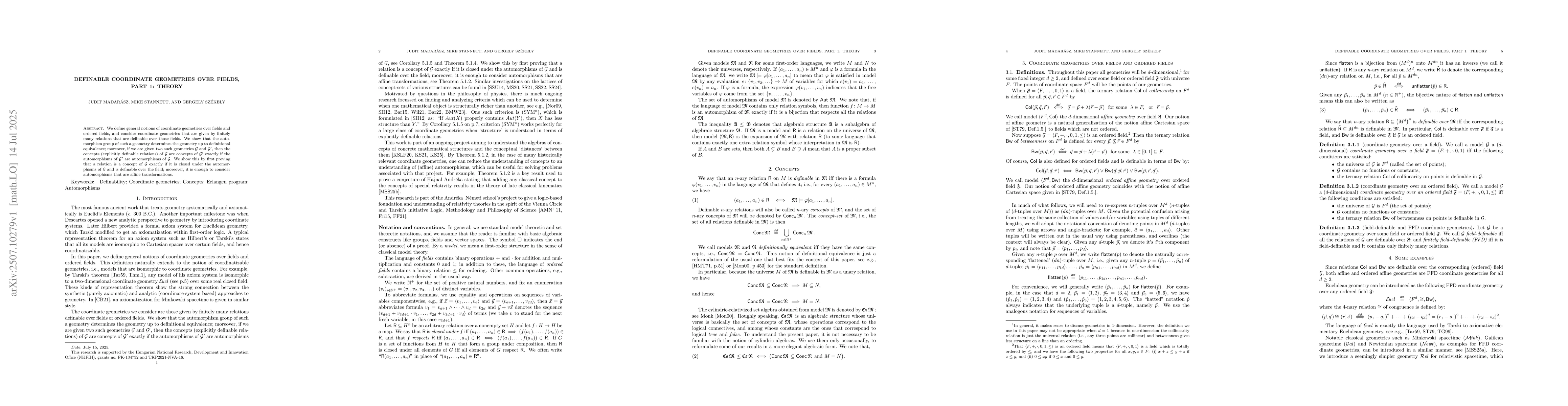 Thumbnail for Definable coordinate geometries over fields, part 1: theory