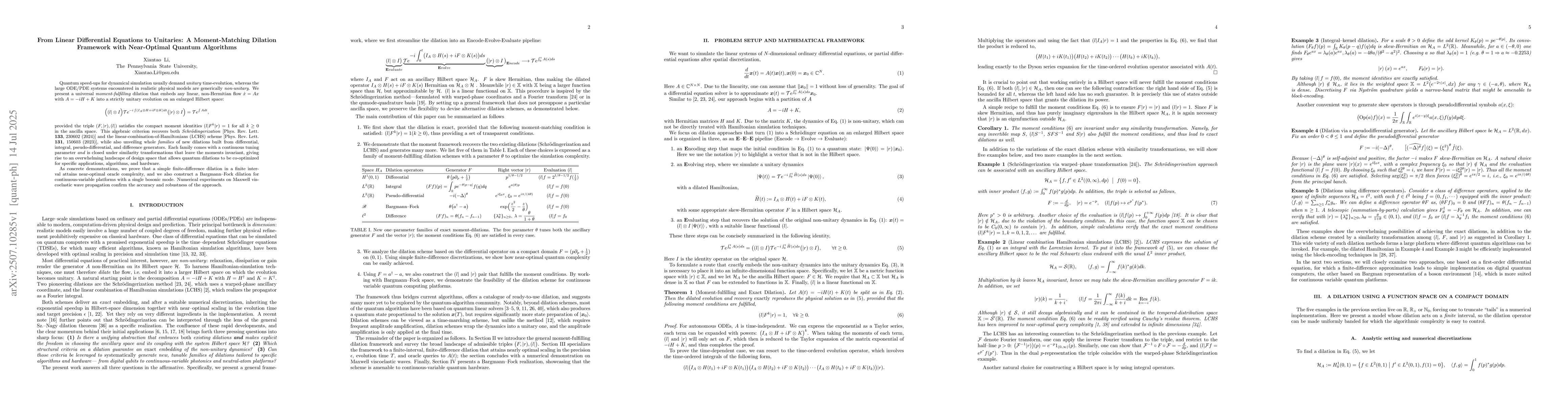Thumbnail for From Linear Differential Equations to Unitaries: A Moment-Matching
  Dilation Framework with Near-Optimal Quantum Algorithms