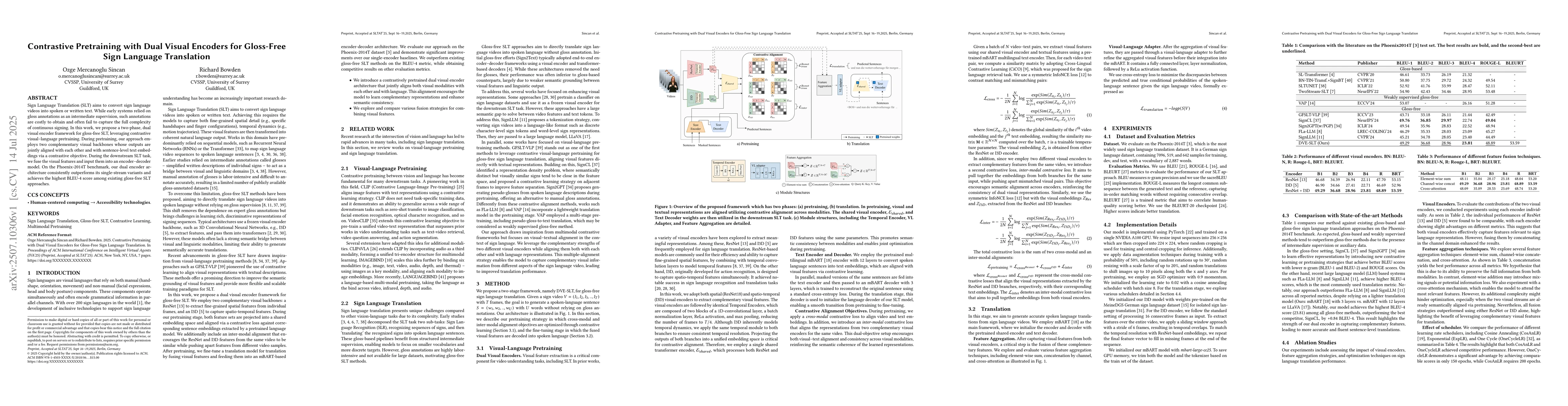 Thumbnail for Contrastive Pretraining with Dual Visual Encoders for Gloss-Free Sign
  Language Translation