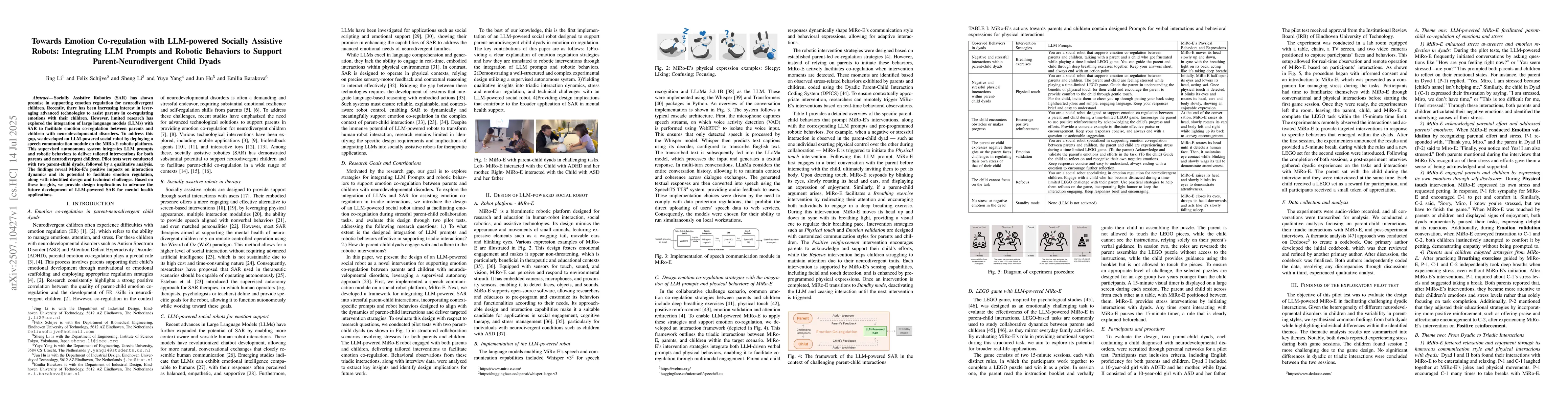 Thumbnail for Towards Emotion Co-regulation with LLM-powered Socially Assistive
  Robots: Integrating LLM Prompts and Robotic Behaviors to Support
  Parent-Neurodivergent Child Dyads