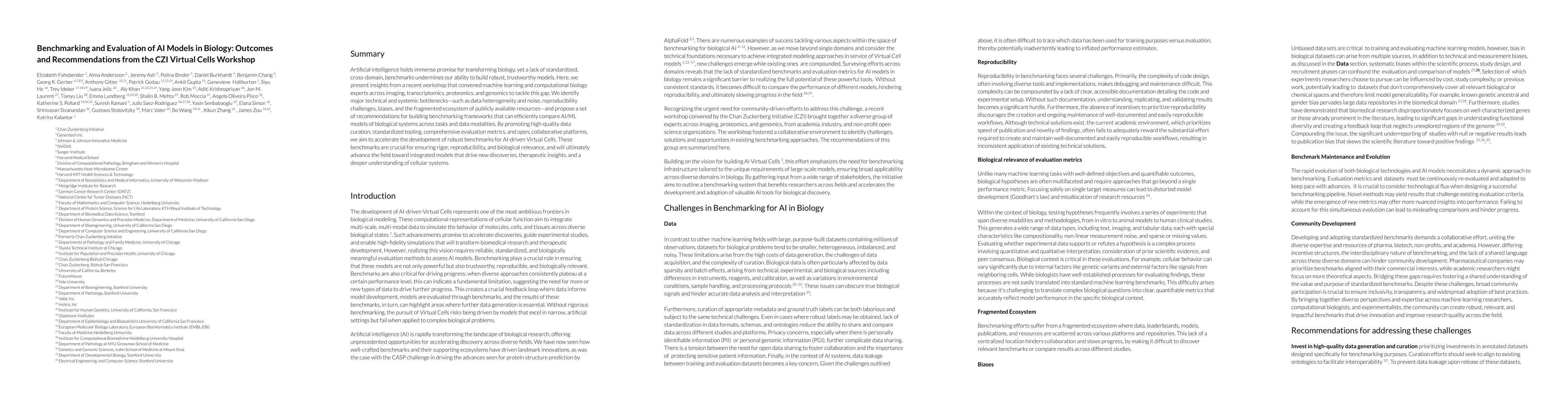 Thumbnail for Benchmarking and Evaluation of AI Models in Biology: Outcomes and
  Recommendations from the CZI Virtual Cells Workshop
