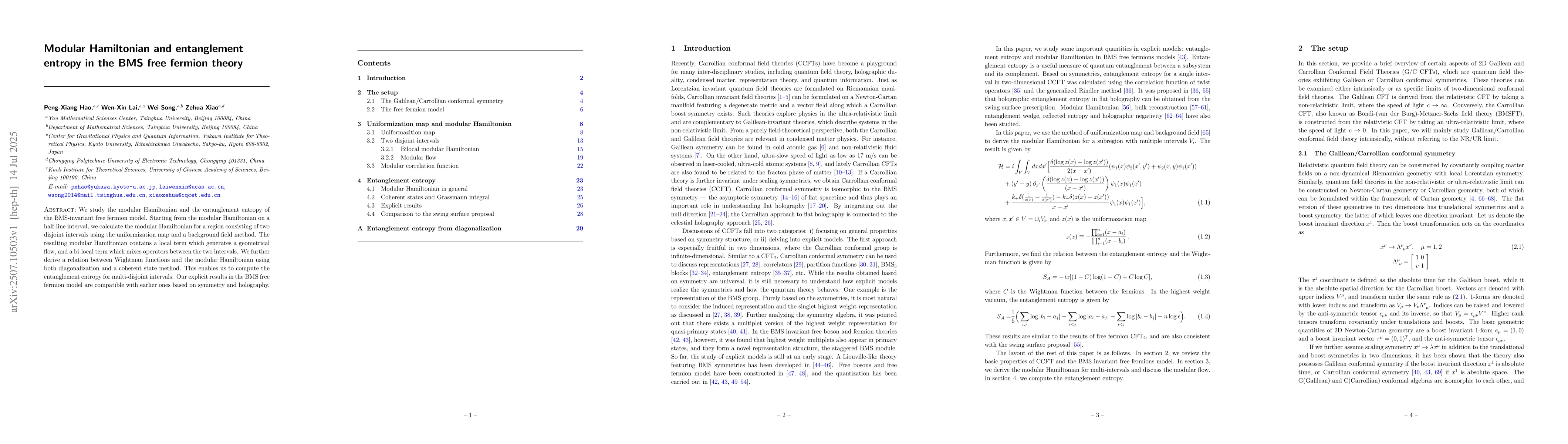 Thumbnail for Modular Hamiltonian and entanglement entropy in the BMS free fermion
  theory