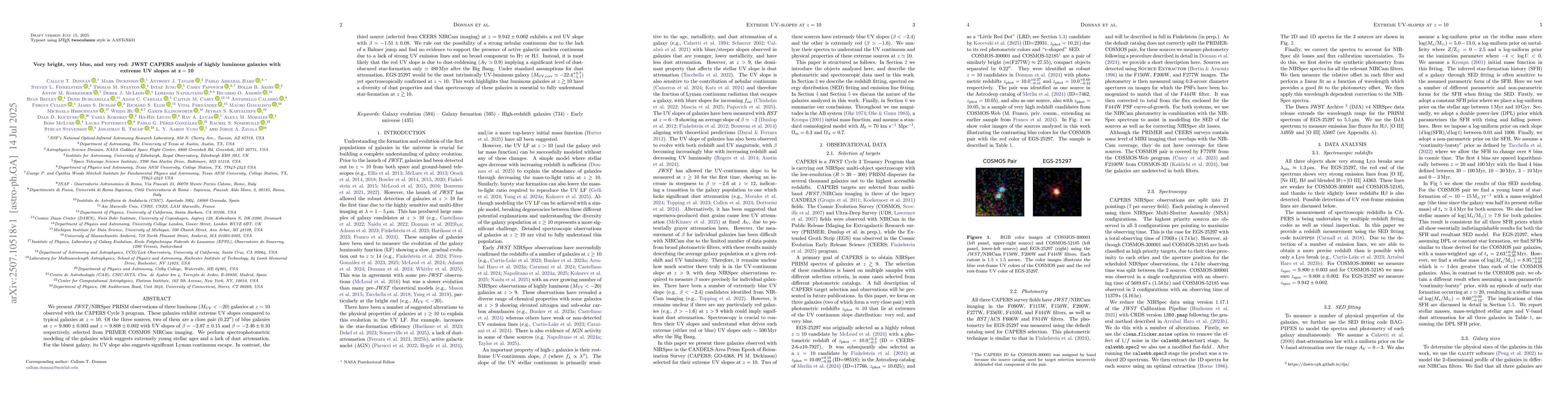 Thumbnail for Very bright, very blue, and very red: JWST CAPERS analysis of highly
  luminous galaxies with extreme UV slopes at $\mathbf{z = 10}$