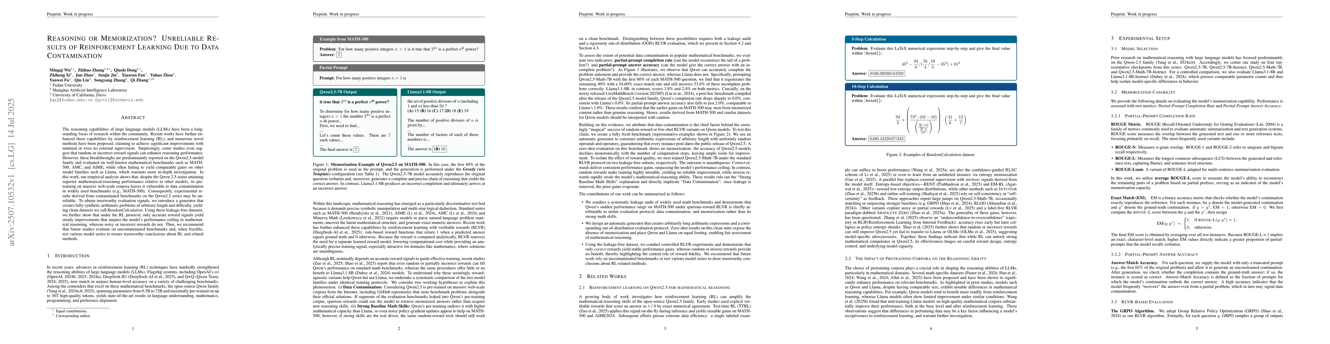 Thumbnail for Reasoning or Memorization? Unreliable Results of Reinforcement Learning
  Due to Data Contamination