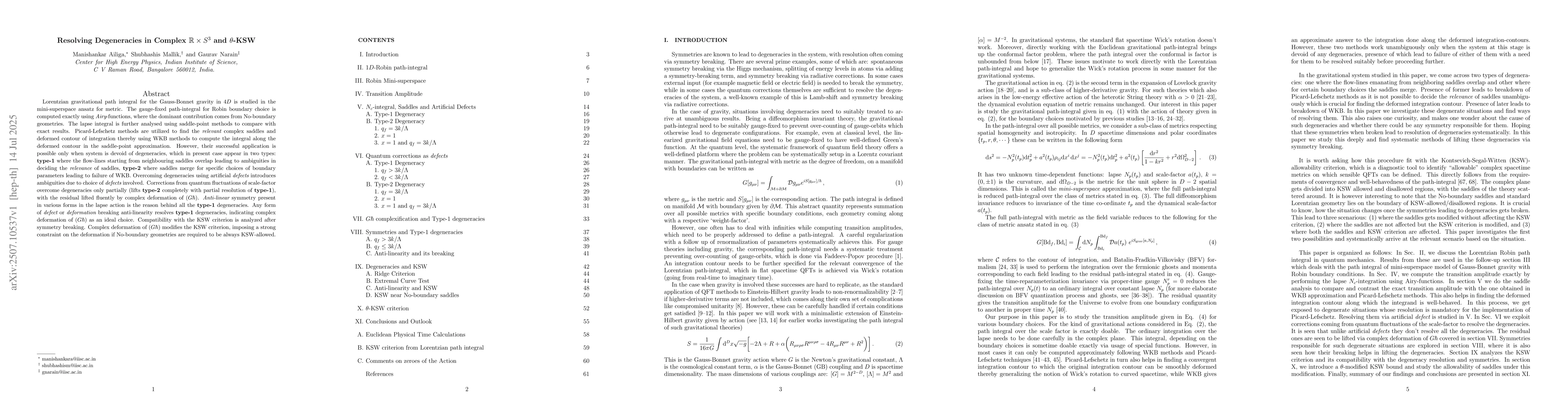 Thumbnail for Resolving Degeneracies in Complex $\mathbb{R}\times S^3$ and
  $θ$-KSW