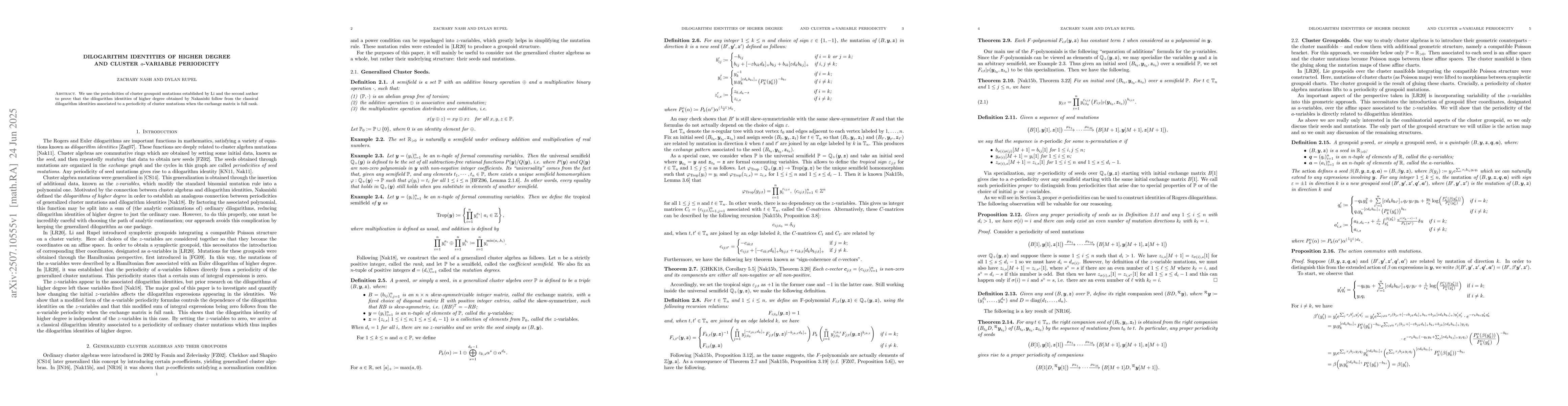 Thumbnail for Dilogarithm identities of higher degree and cluster $a$-variable
  periodicity
