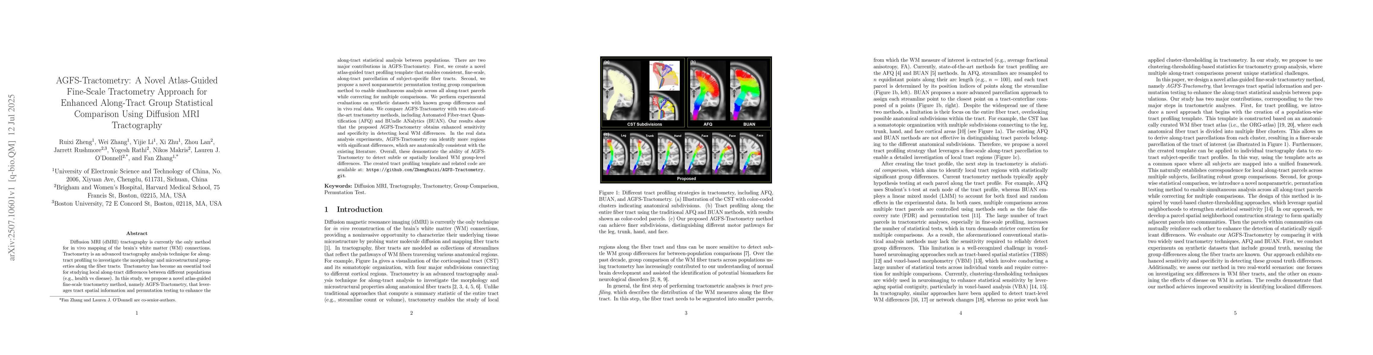 Thumbnail for AGFS-Tractometry: A Novel Atlas-Guided Fine-Scale Tractometry Approach
  for Enhanced Along-Tract Group Statistical Comparison Using Diffusion MRI
  Tractography
