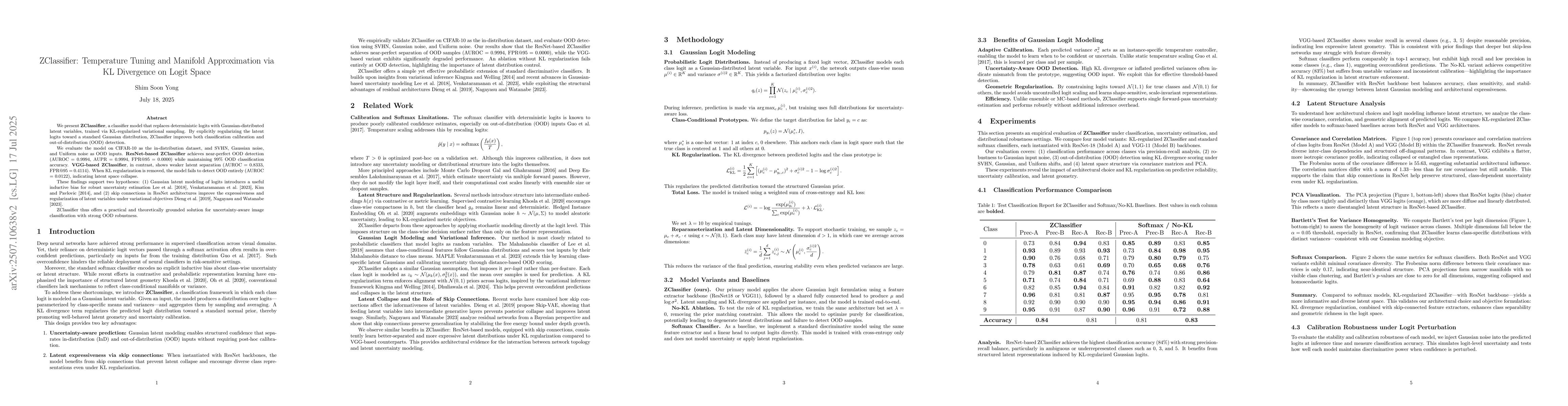 Thumbnail for ZClassifier: Temperature Tuning and Manifold Approximation via KL
  Divergence on Logit Space