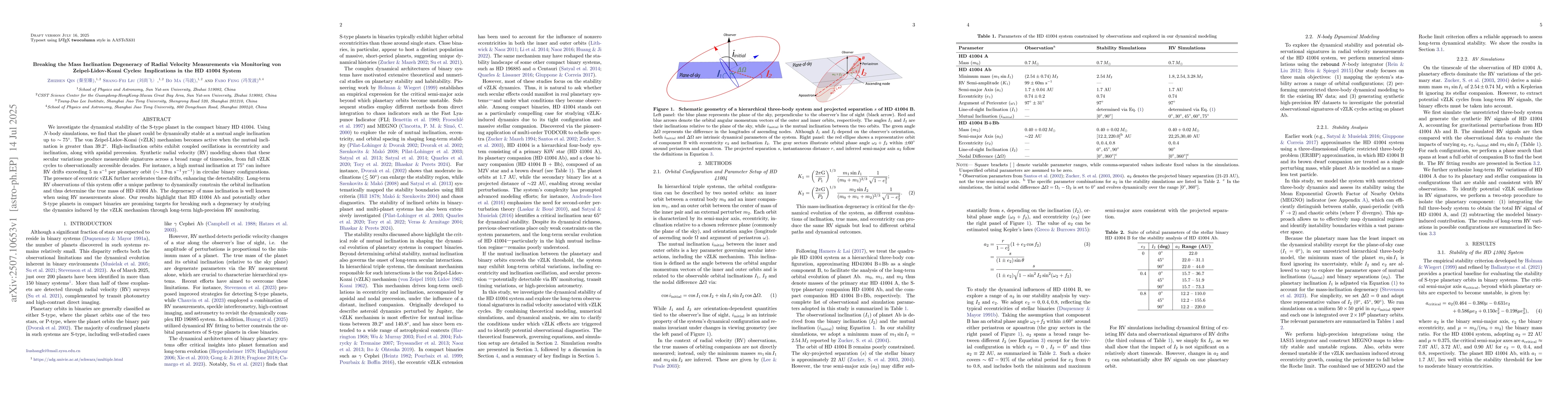 Thumbnail for Breaking the Mass Inclination Degeneracy of Radial Velocity Measurements
  via Monitoring von Zeipel-Lidov-Kozai Cycles: Implications in the HD 41004
  System