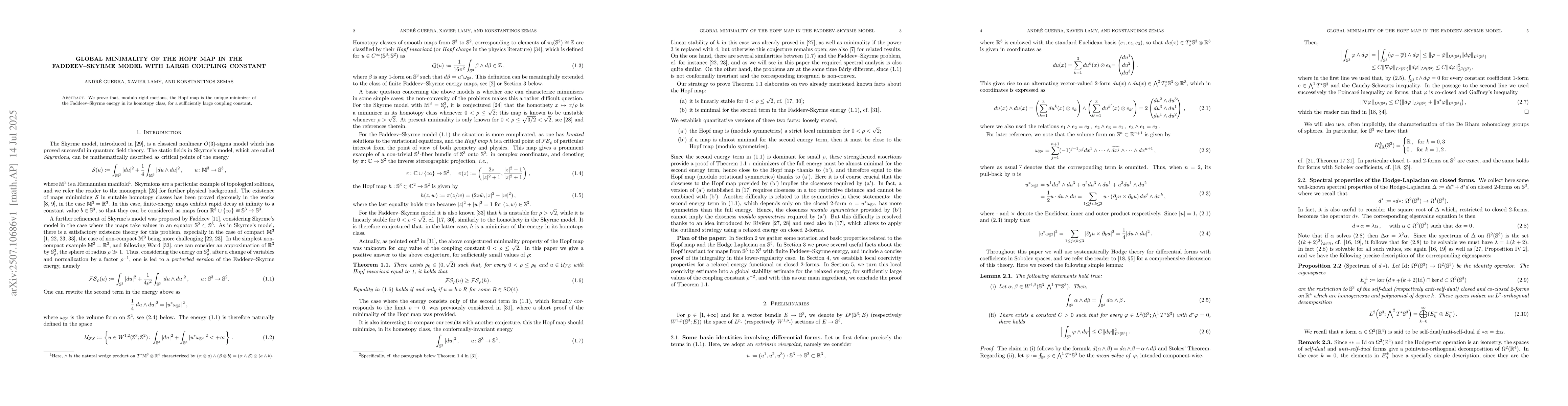 Thumbnail for Global minimality of the Hopf map in the Faddeev-Skyrme model with large
  coupling constant