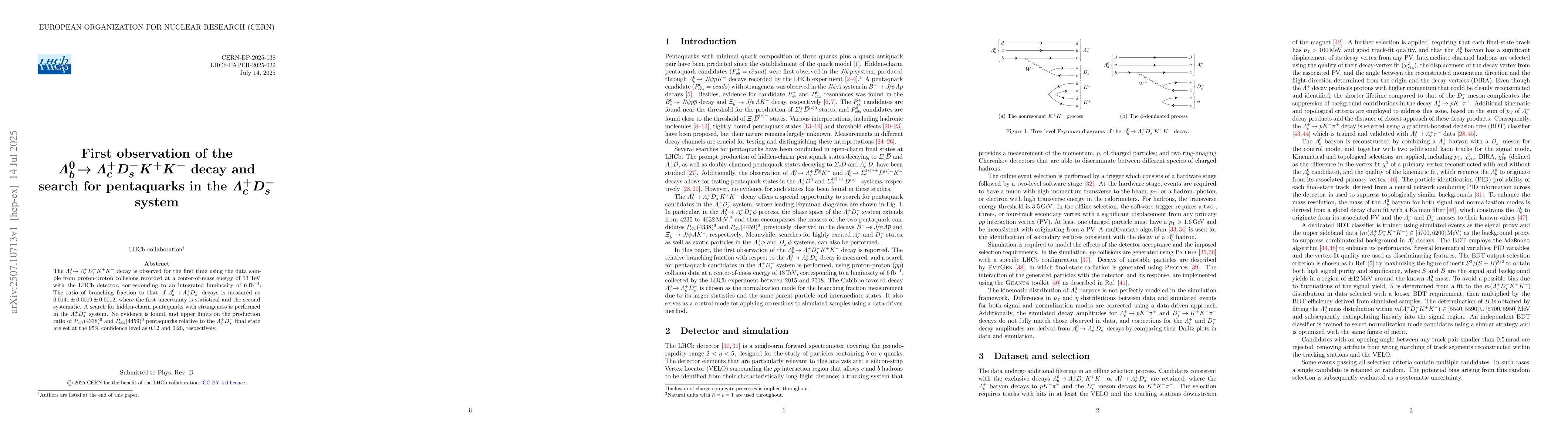 Thumbnail for First observation of the
  $\mathitΛ_b^{0}\!\rightarrow\mathitΛ_{c}^{+}D_{s}^{-}K^{+}K^{-}$
  decay and search for pentaquarks in the $\mathitΛ_{c}^{+}D_{s}^{-}$
  system