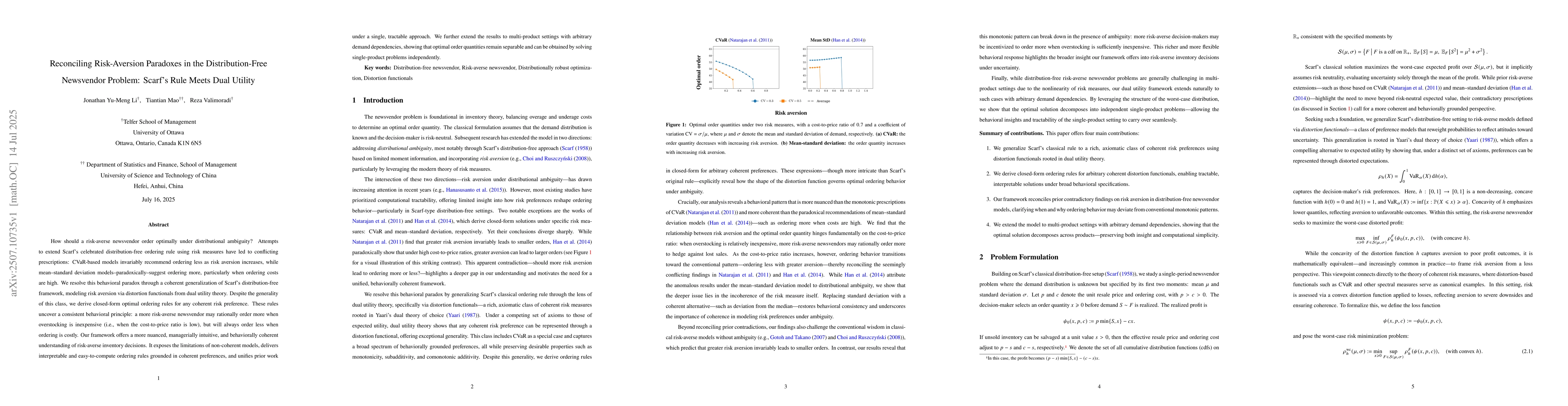Thumbnail for Reconciling Risk-Aversion Paradoxes in the Distribution-Free Newsvendor
  Problem: Scarf's Rule Meets Dual Utility
