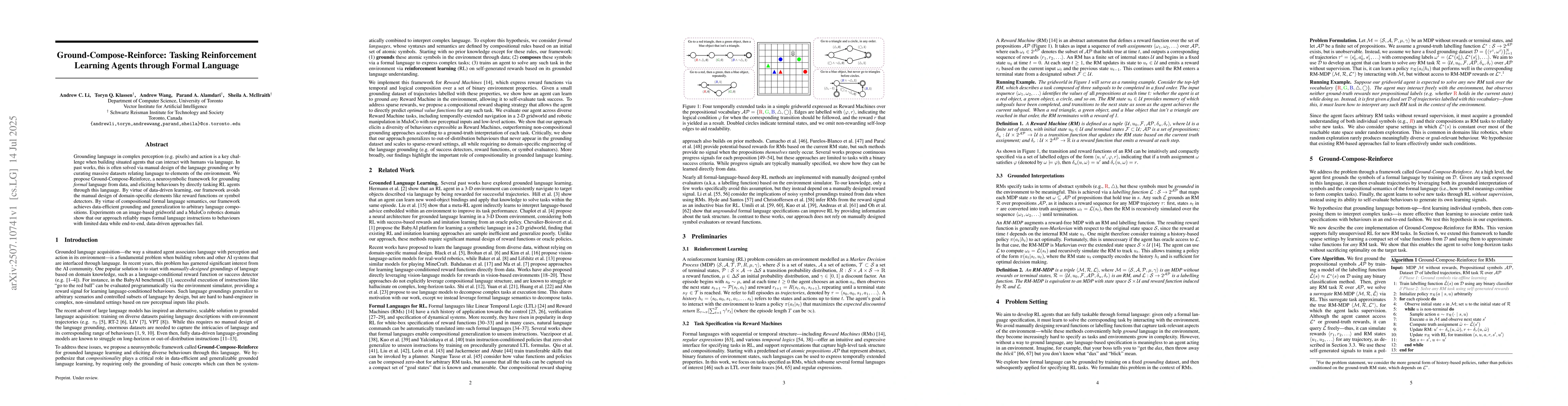 Thumbnail for Ground-Compose-Reinforce: Tasking Reinforcement Learning Agents through
  Formal Language