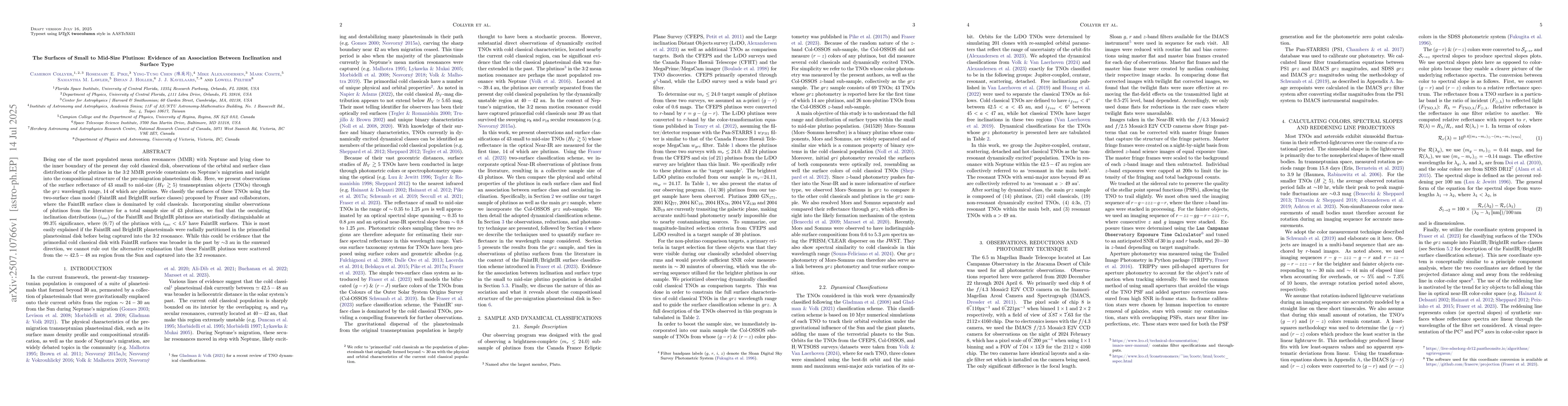 Thumbnail for The Surfaces of Small to Mid-Size Plutinos: Evidence of an Association
  Between Inclination and Surface Type