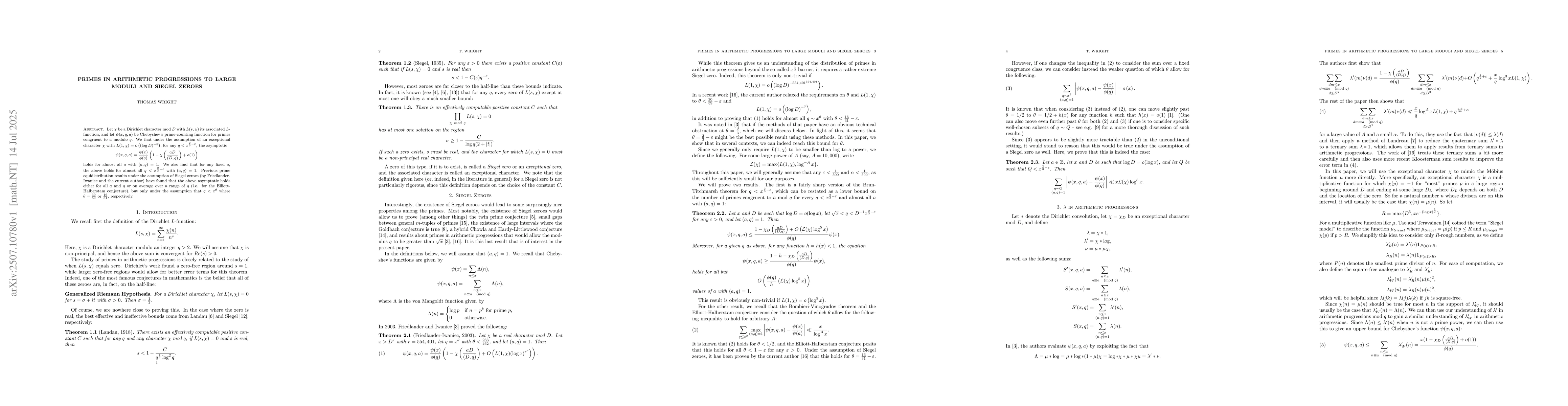 Thumbnail for Primes in Arithmetic Progressions to Large Moduli and Siegel Zeroes