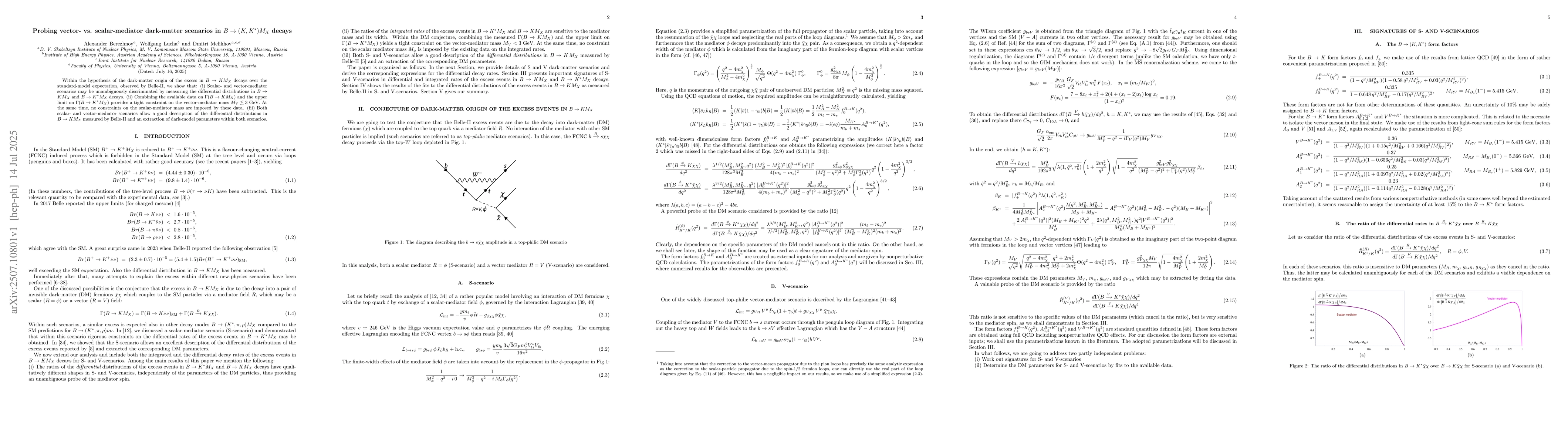 Thumbnail for Probing vector- vs scalar-mediator dark-matter scenarios in $B\to
  (K,K^*) M_X$ decays