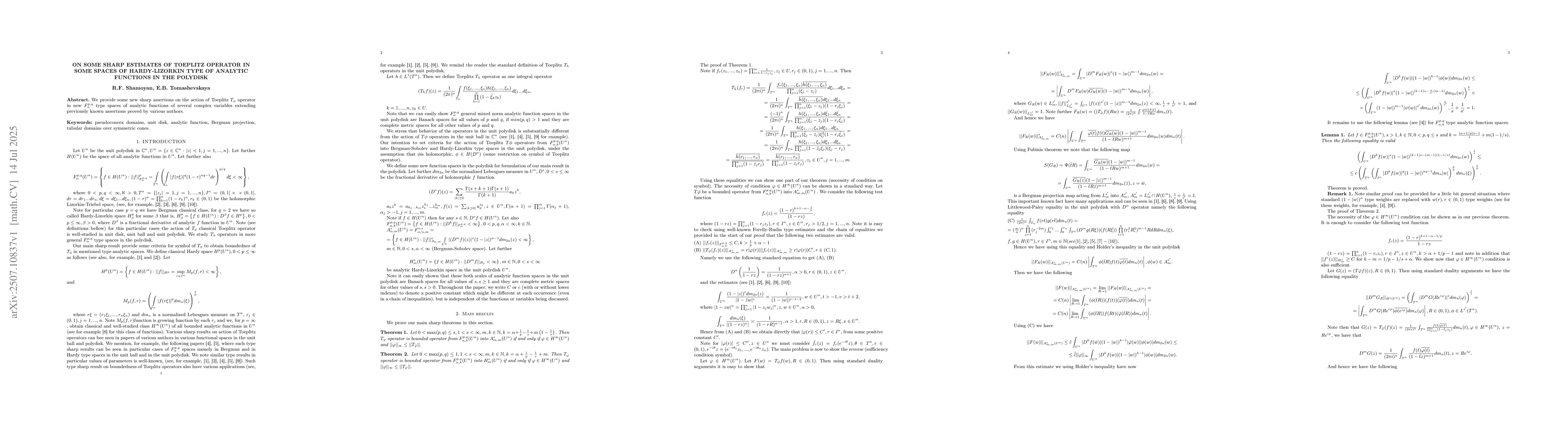 Thumbnail for On some sharp estimates of Toeplitz operator in some spaces of
  Hardy-Lizorkin type of analytic functions in the polydisk