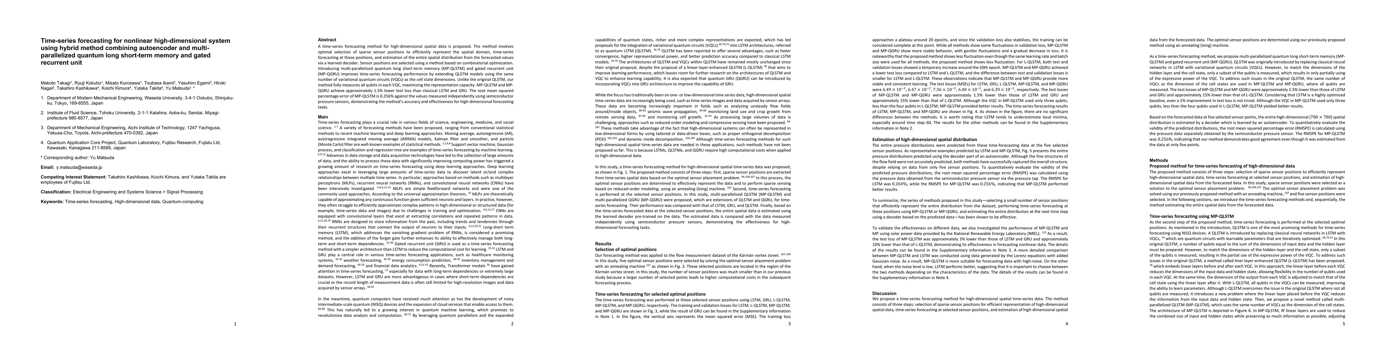 Thumbnail for Time-series forecasting for nonlinear high-dimensional system using
  hybrid method combining autoencoder and multi-parallelized quantum long
  short-term memory and gated recurrent unit